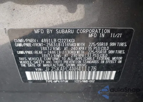 2022 Subaru Forester Limited z USA, uszkodzony, nr VIN JF2SKAPC4NH411176
